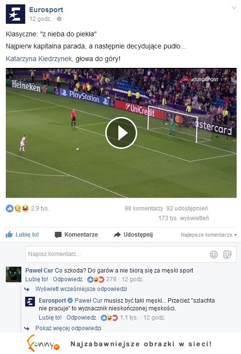 WOW! Koleś chamsko skomentował kobiecą piłkę nożną ale zobacz co mu odpisał Eurosport! <3